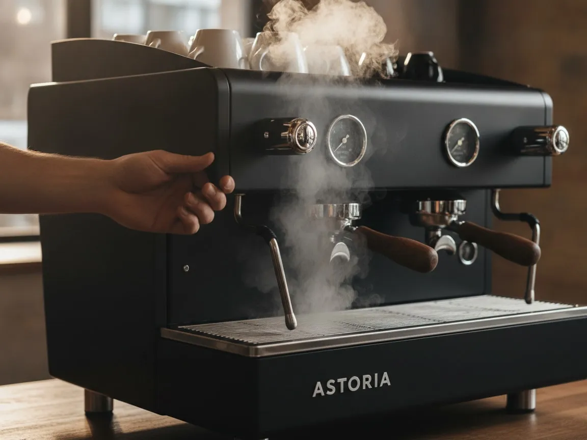 Hand turning the steam knob of a Astoria Storm, steam coming from the wand tip