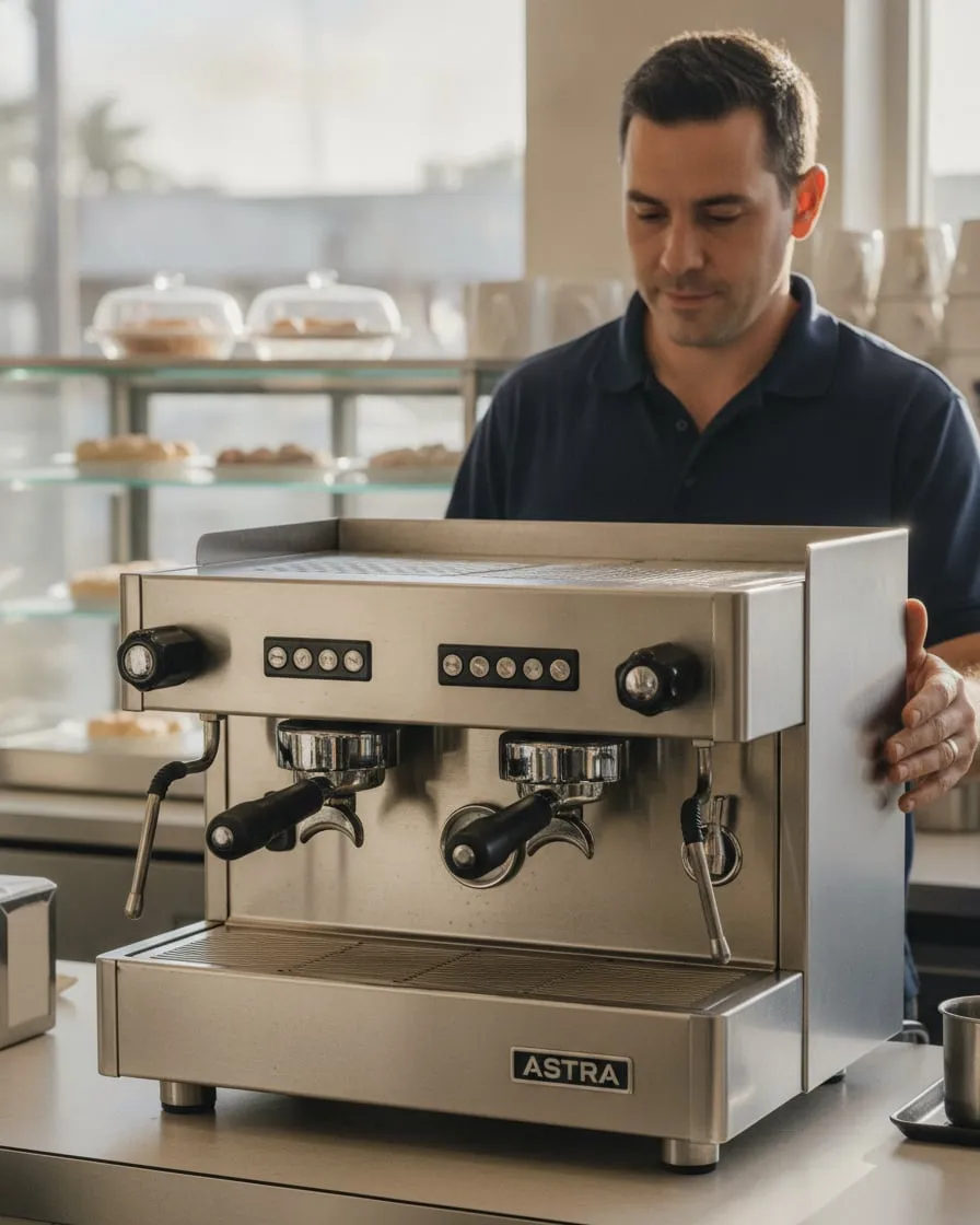 Astra Mega II Compact on a diner counter, a technician standing beside it with one hand on its side panel