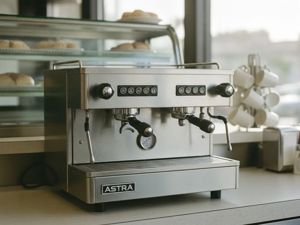 Astra two-group espresso machine on a bar counter, portafilters locked in, nobody in frame