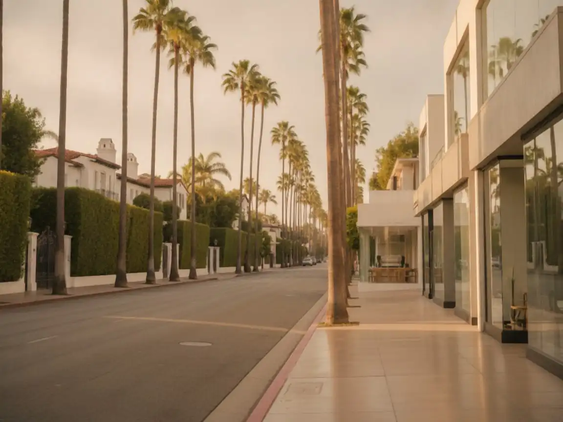 Beverly Hills: palm-lined street with clipped hedges and gates, cafe window with an espresso machine visible