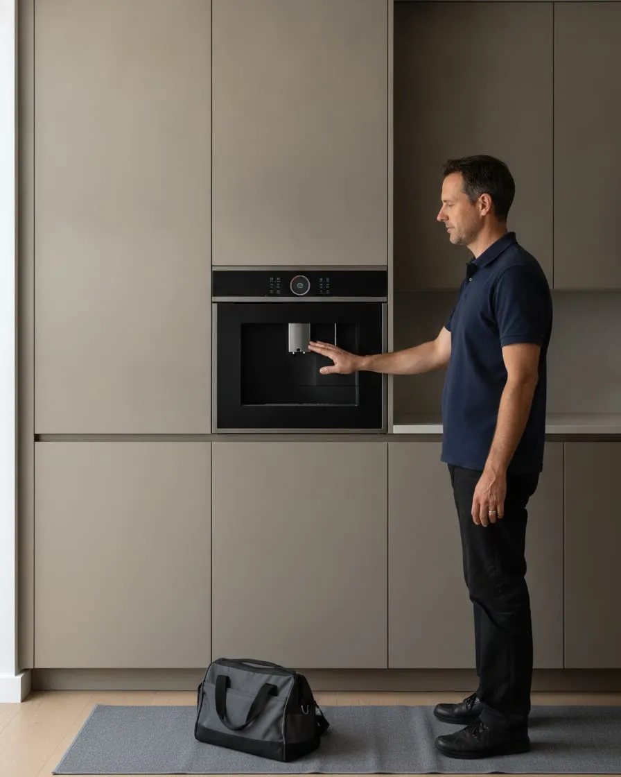 Technician beside a Bosch, Siemens and Neff built-in coffee machine installed in a kitchen cabinet column, floor runner and tool bag on the floor