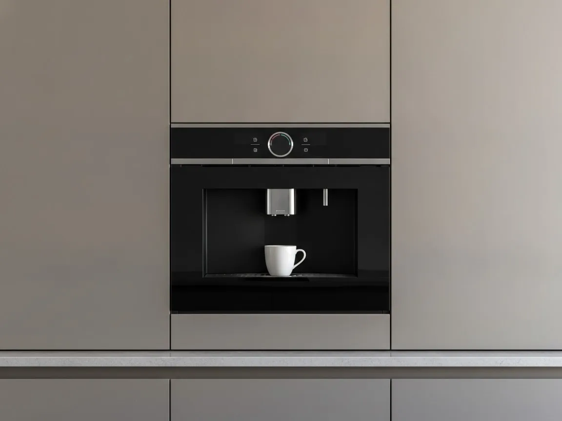 Bosch, Siemens and Neff built-in coffee machine installed flush in a tall kitchen cabinet column, a cup under the spout