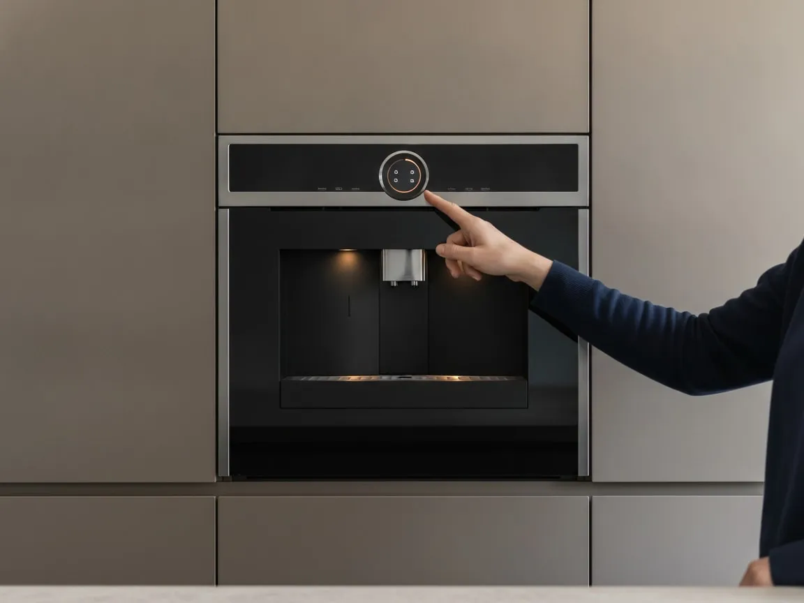 Hands at the front of a Bosch, Siemens and Neff built-in coffee machine: one finger touching the round control ring with its colour display at the top centre of the black glass front