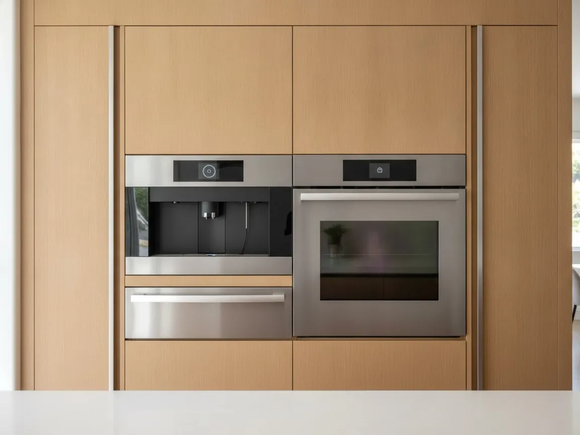 Built-in coffee machine in a tall cabinet column above a warming drawer and beside a wall oven