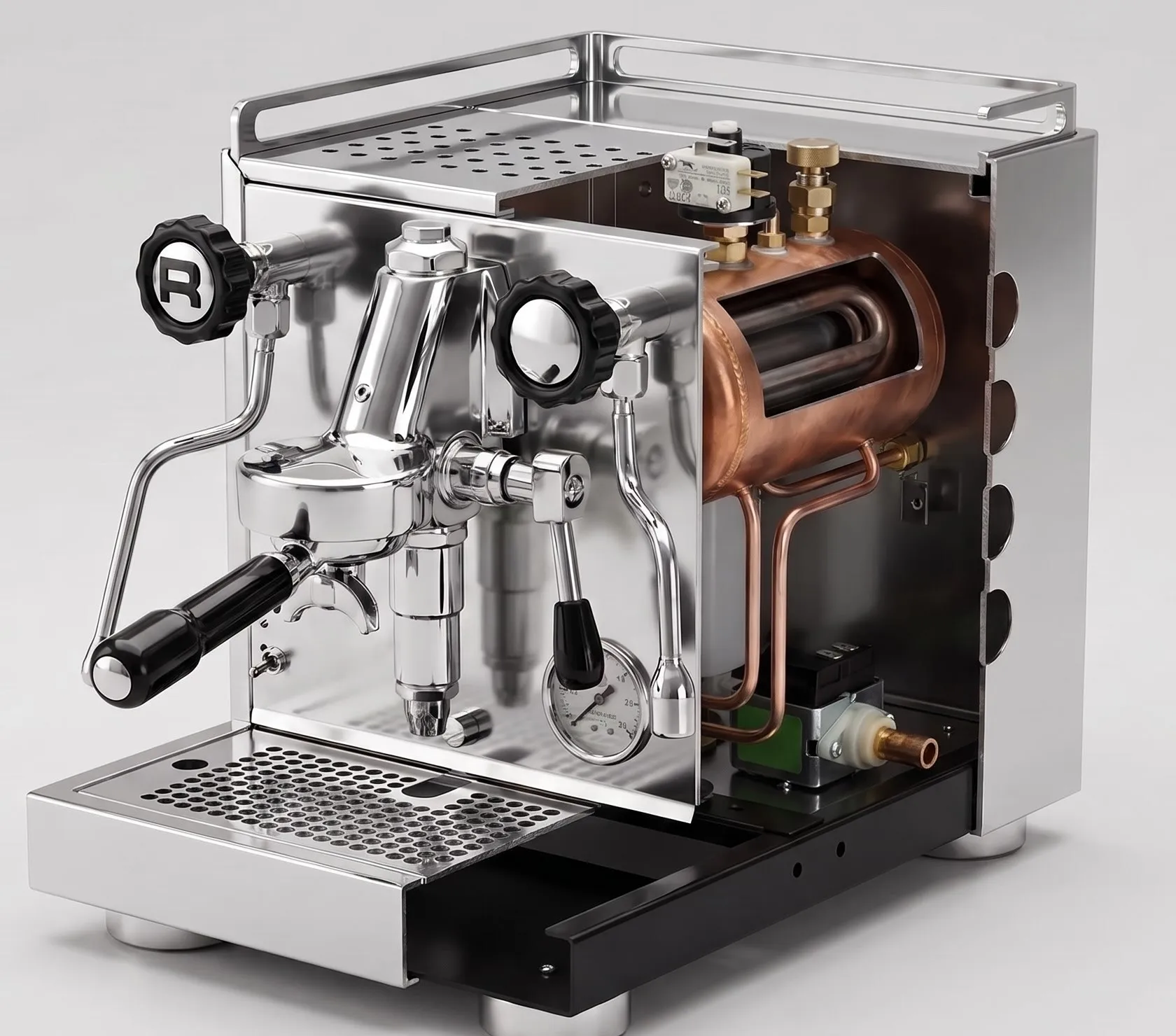 Rocket Appartamento with the right side of the casing cut away: copper heat-exchanger boiler with a window cut into it, pressurestat, vacuum breaker and safety valve on top, pump and expansion valve below, E61 group on the front