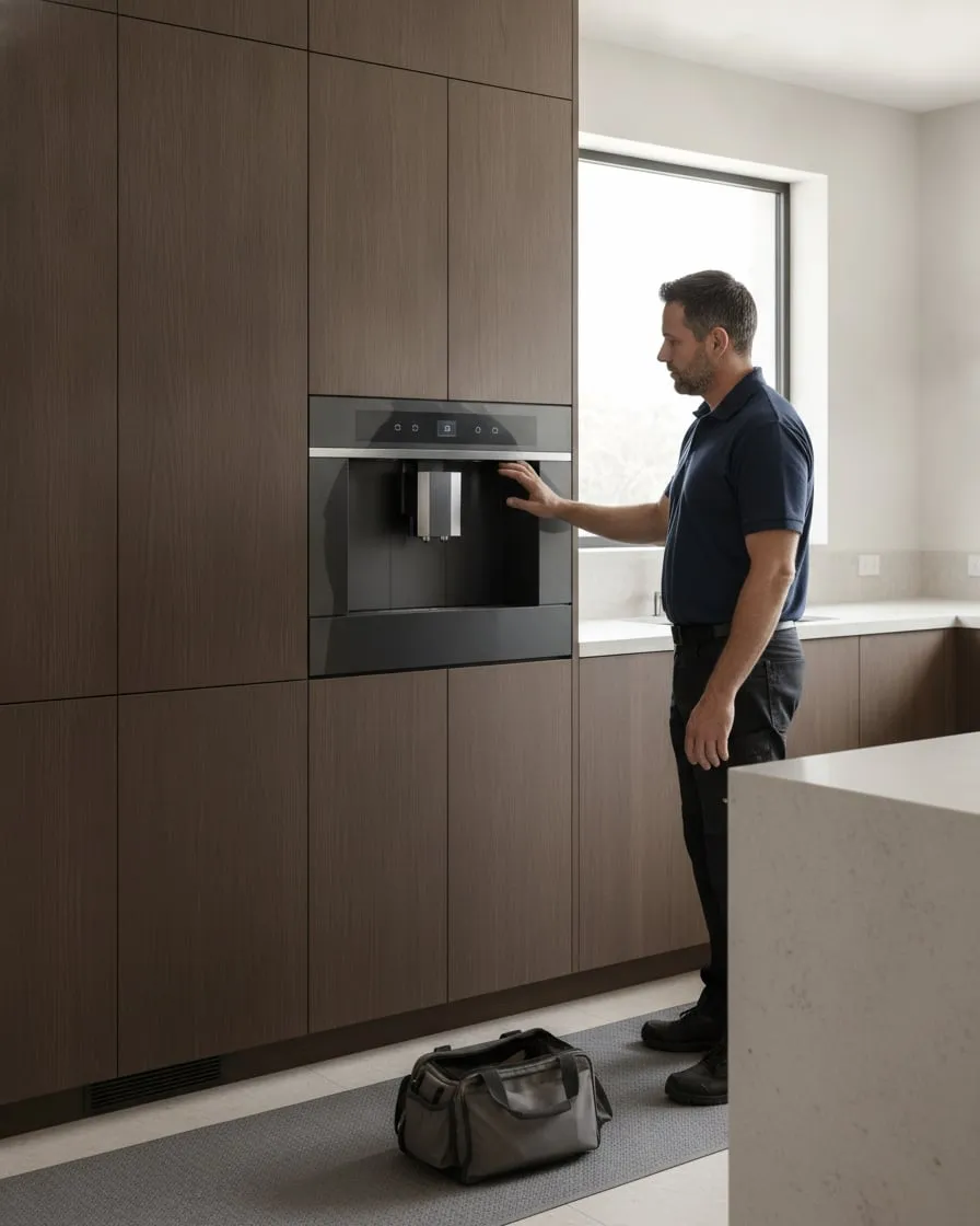Technician beside a Dacor built-in coffee machine installed in a kitchen cabinet column, floor runner and tool bag on the floor