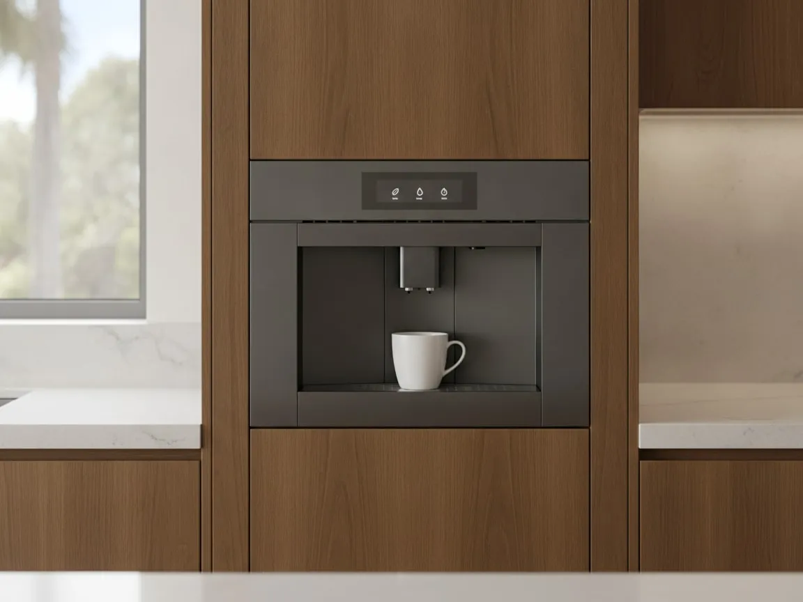 Dacor built-in coffee machine installed flush in a tall kitchen cabinet column, a cup under the spout