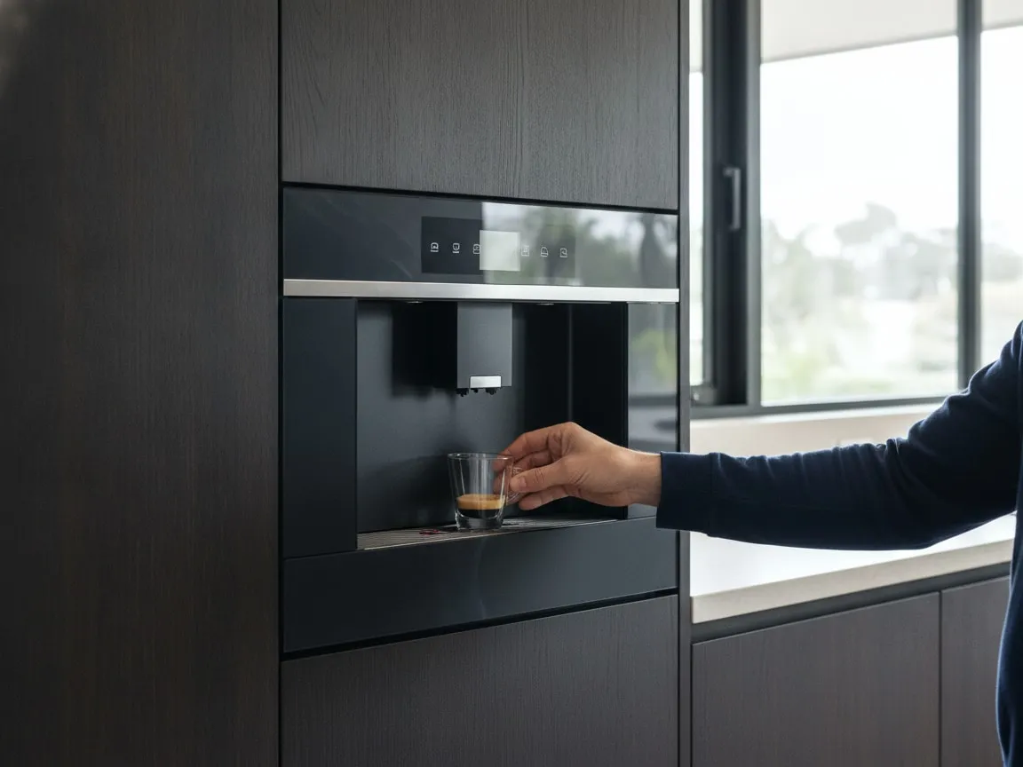 Hands at the front of a Dacor built-in coffee machine: one hand placing a small espresso glass under the coffee spout in the recessed niche