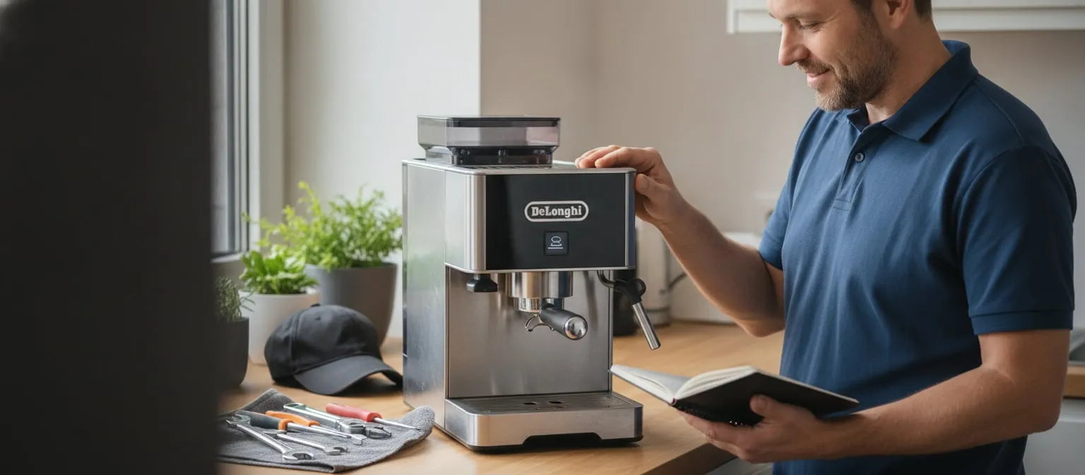 DeLonghi La Specialista on a kitchen counter, technician with one hand on the machine and a service notebook open; cap and tools on a towel