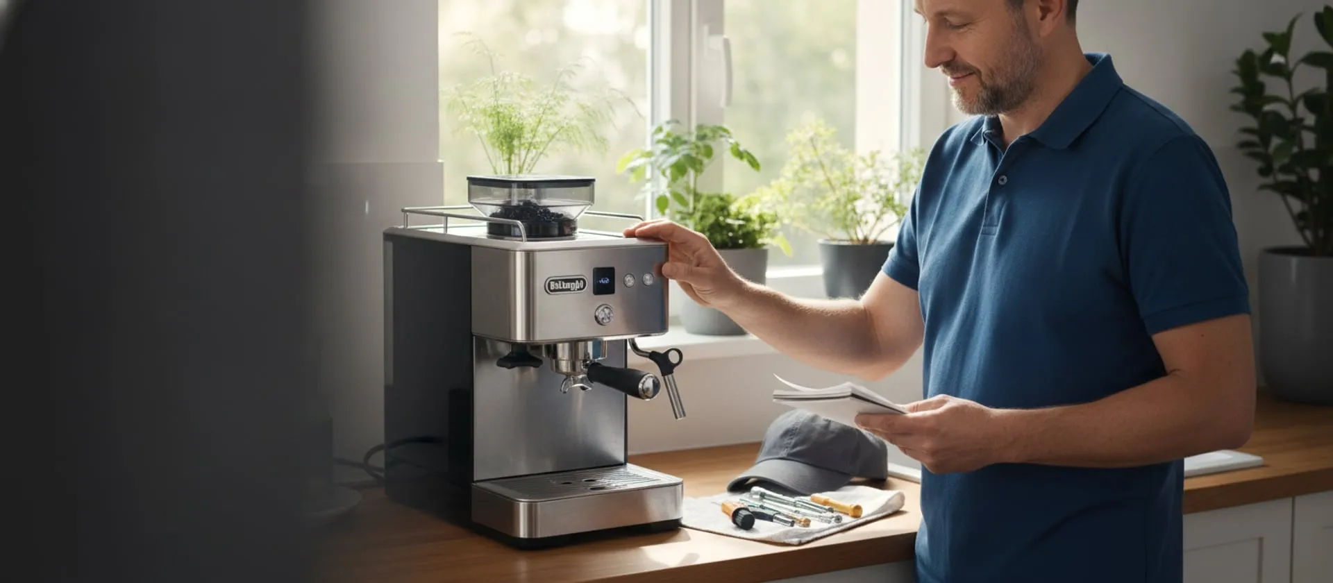 DeLonghi La Specialista on a kitchen counter, technician reading the display; cap and tools on a towel