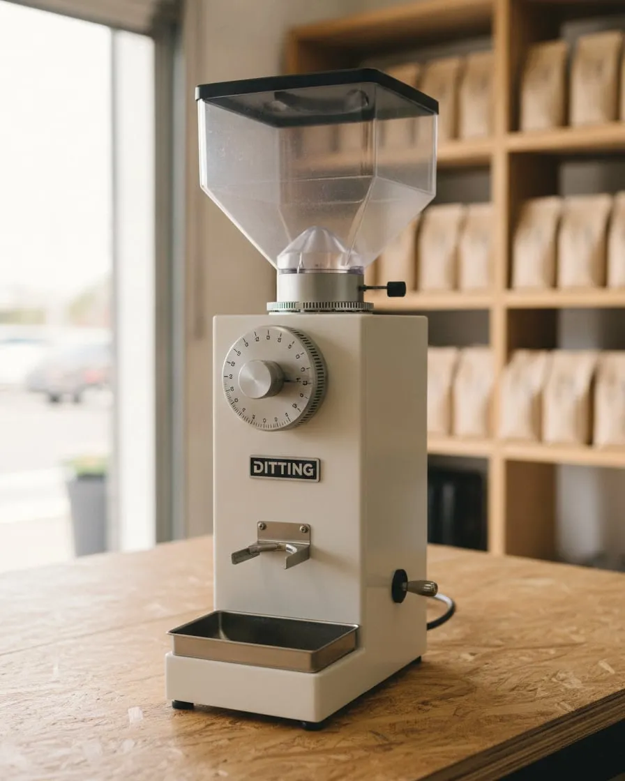 Tall white Ditting shop grinder with a squared hopper, a large numbered grind dial and a bag holder under the spout, on a roastery retail counter