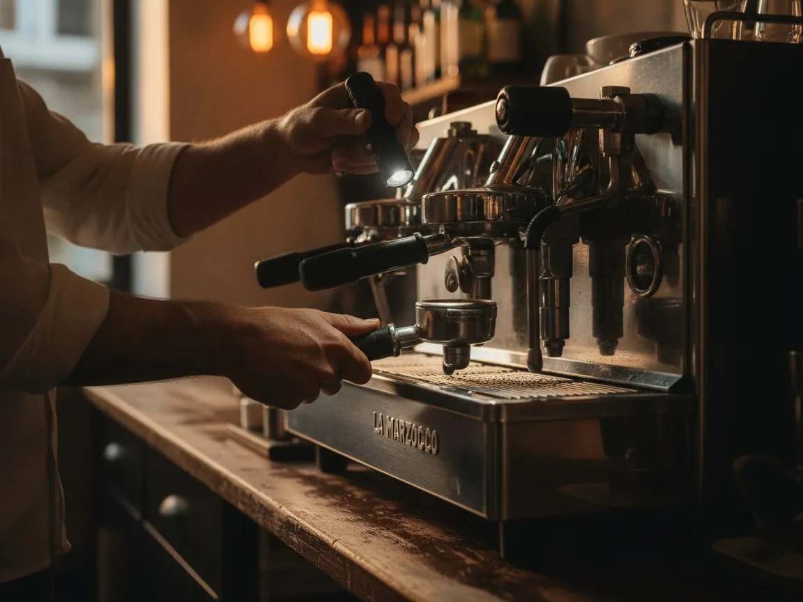Hands at the group of a commercial espresso machine in evening light, one holding a small flashlight on the group, the other on the portafilter