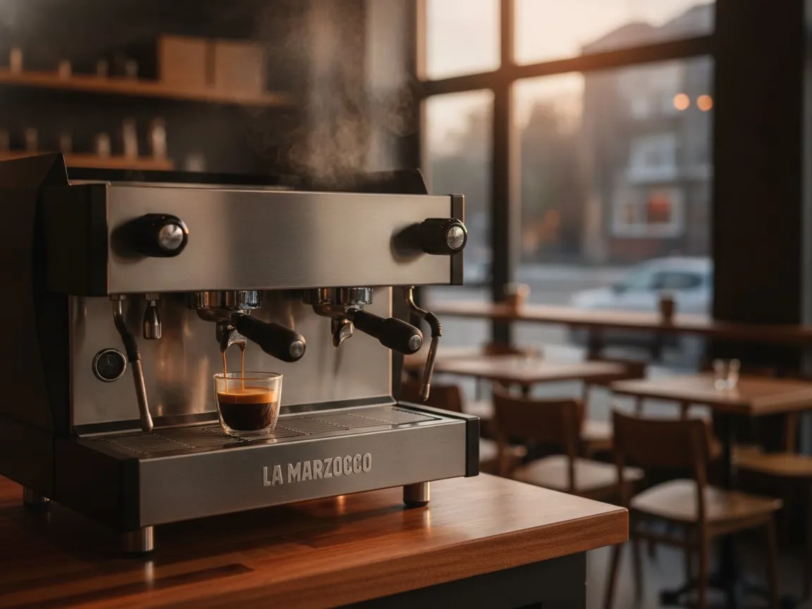Two-group commercial espresso machine pulling a shot on a cafe bar, cafe tables softly out of focus behind, evening light