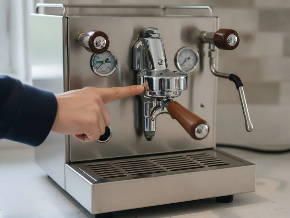 A finger pointing at the brew pressure gauge on the front of an espresso machine, needle in the middle of the dial