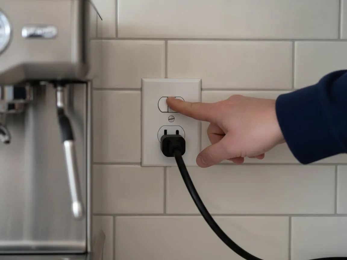 A hand pressing the centre reset button of a kitchen wall outlet with an espresso machine cord plugged into it