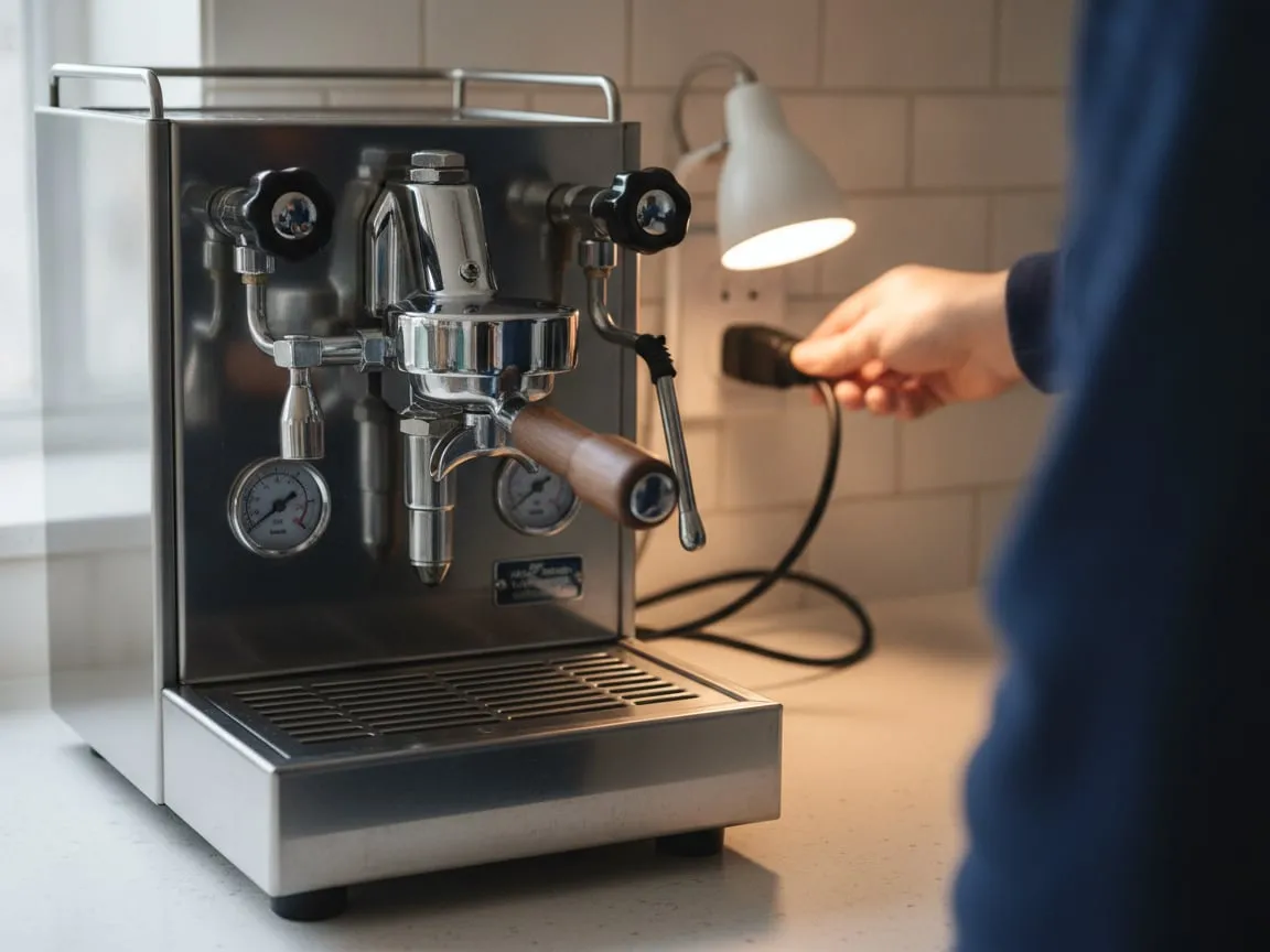 A small lit desk lamp plugged into the same kitchen outlet as the espresso machine