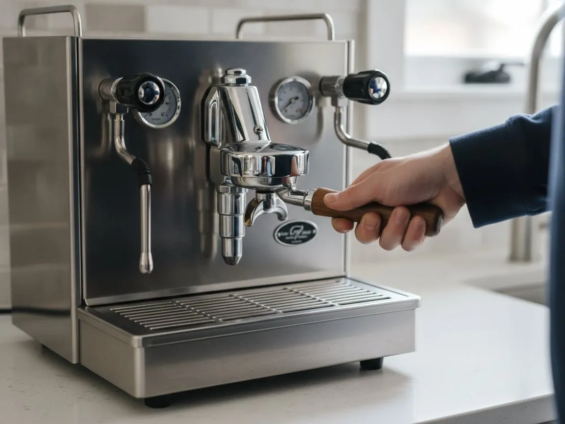 A hand turning a portafilter into the group head of an espresso machine, handle swung fully to the right