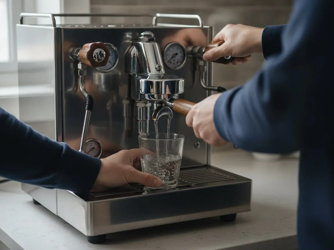 Water running from the hot-water wand of an espresso machine into a glass while a hand holds the knob open
