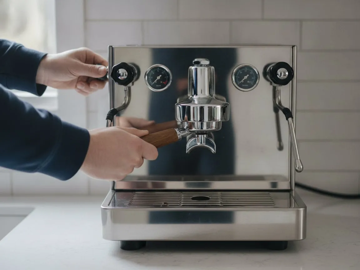 A hand turning the steam knob on the side of an espresso machine closed, the wand over the drip tray