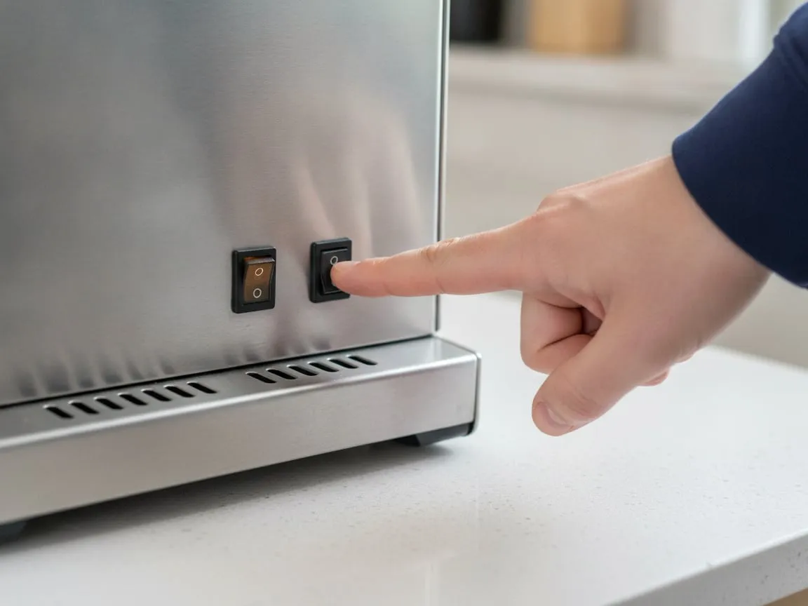 A finger on the second of two rocker switches on the lower front panel of an espresso machine; the first switch is lit, the second is not