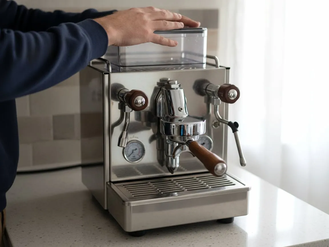 Two hands pressing a clear water reservoir down into the top of an espresso machine until it seats