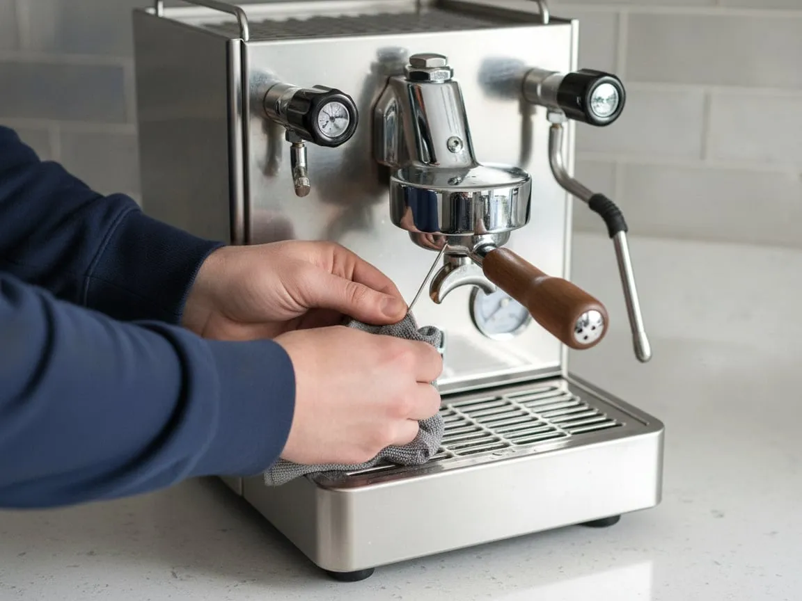 A hand pushing a thin steel pin into the tip of a steam wand over a cloth