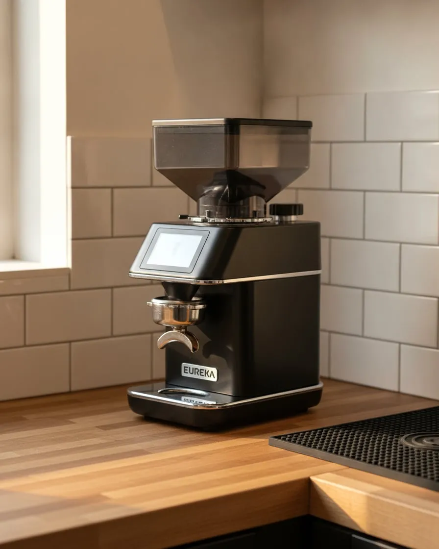 Compact matte-black Eureka espresso grinder with a short squared hopper, touchscreen and portafilter fork, on a wooden counter