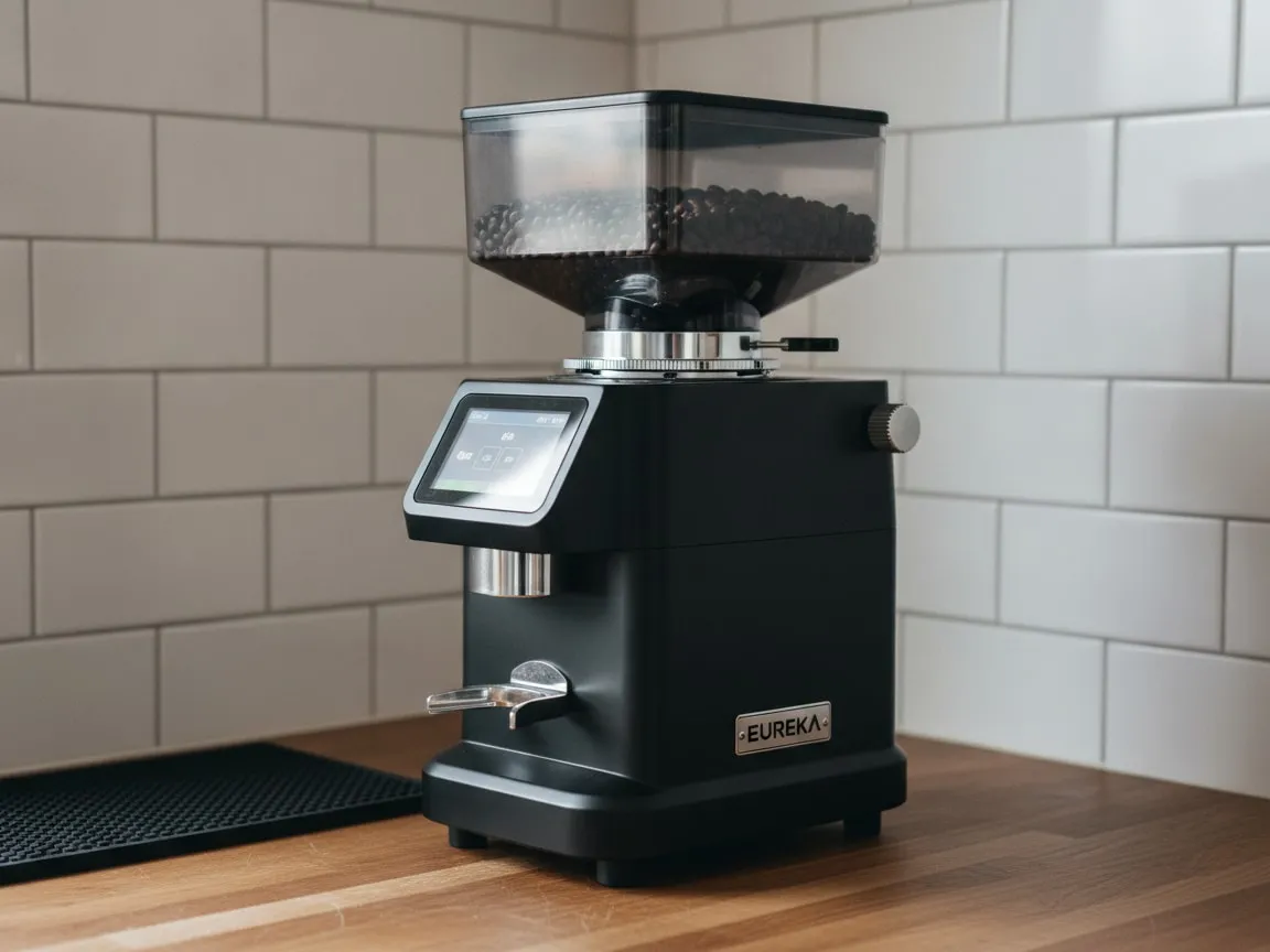 Eureka espresso grinder seen at a three-quarter angle on a counter, nobody in frame