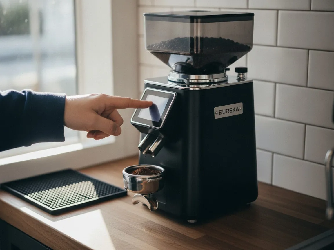 Hands at a Eureka grinder: a finger on the touchscreen, a filled portafilter on the counter