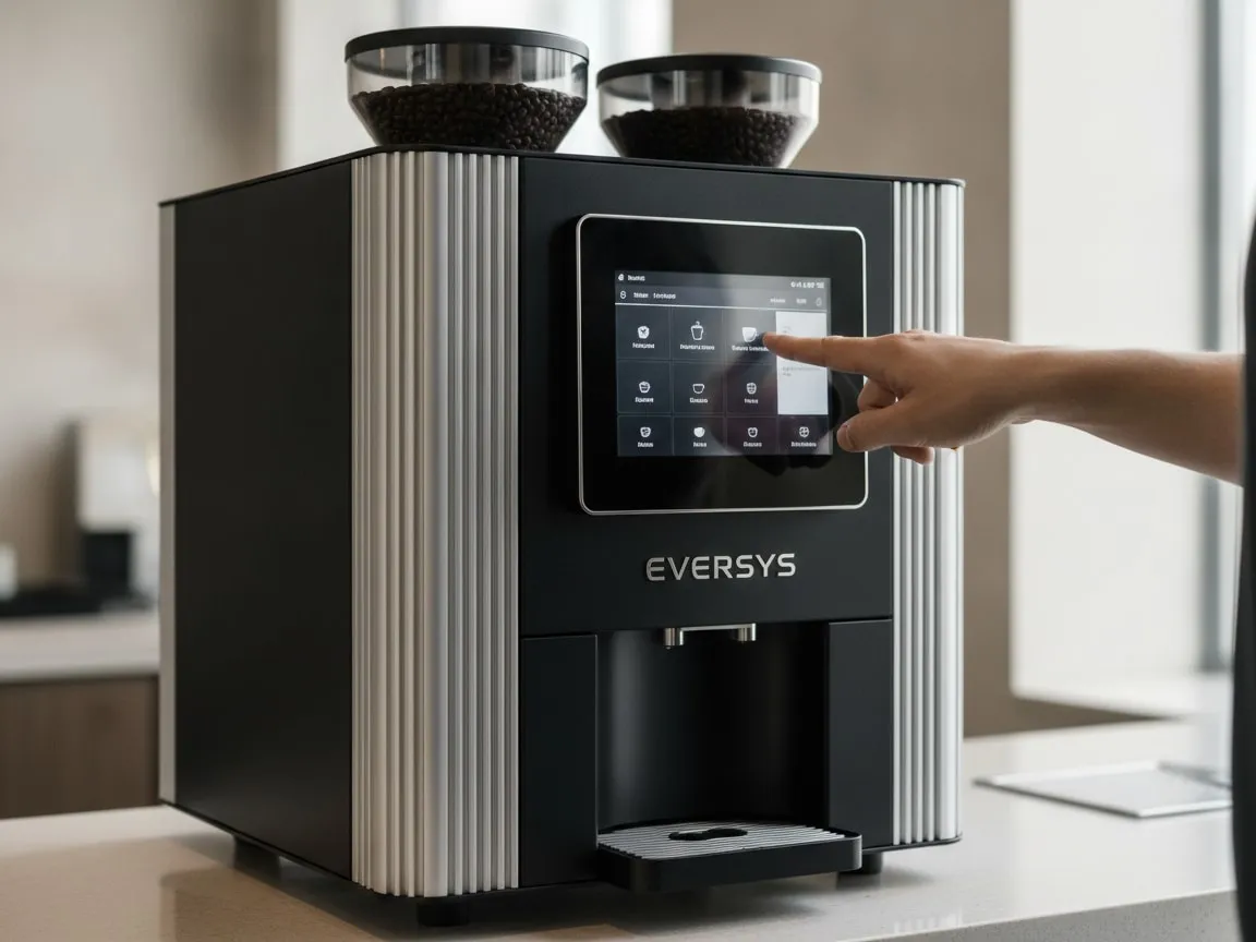 Finger pressing a button on the lit display of a Eversys Cameo