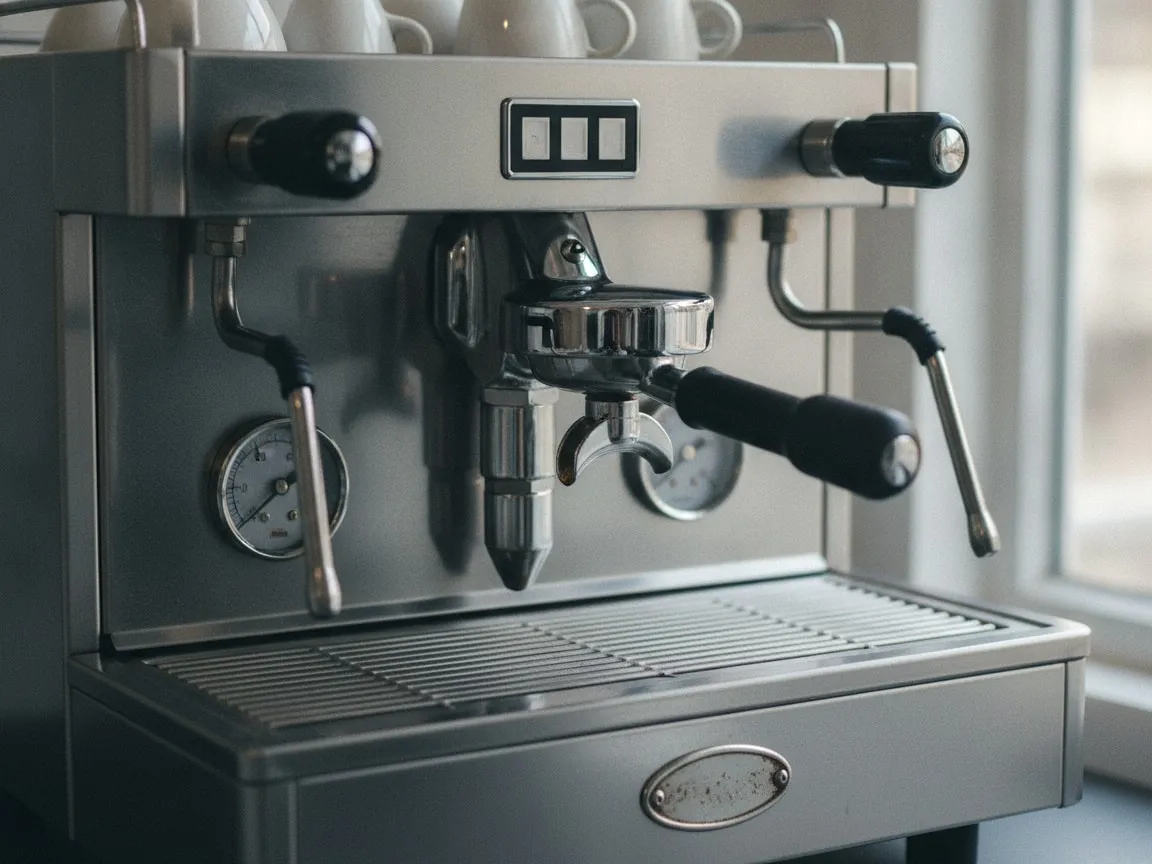 Close view of a chrome E61 group head with a portafilter locked into it, brew pressure gauge to the left
