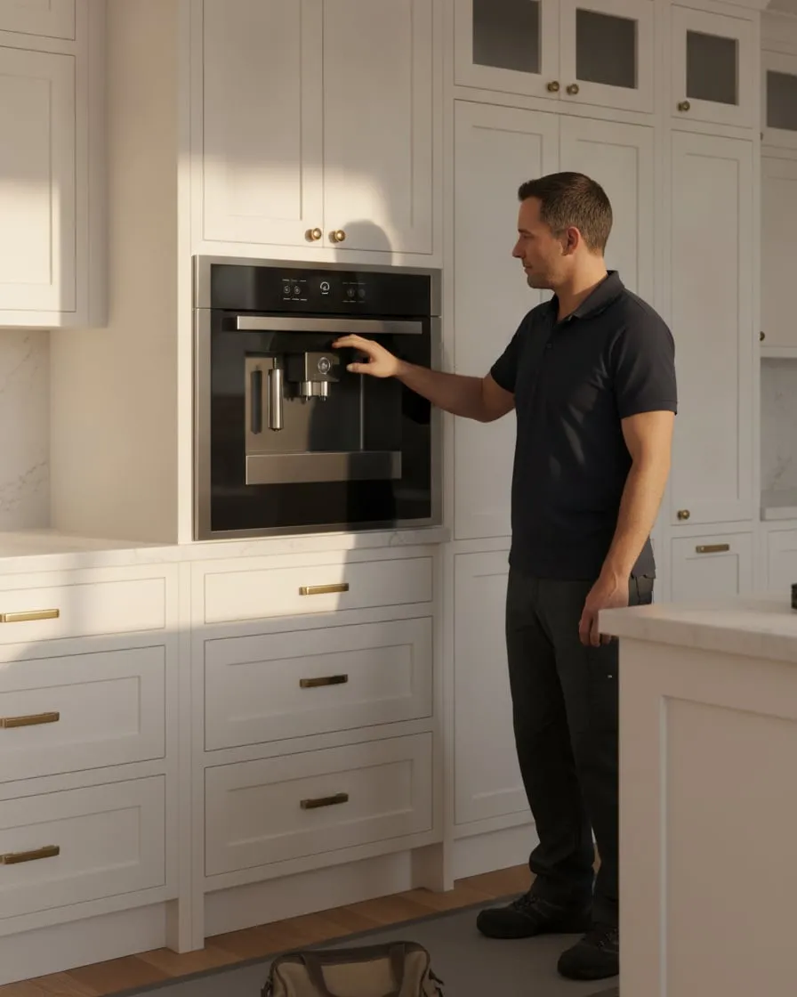 Technician beside a Fisher & Paykel built-in coffee machine installed in a kitchen cabinet column, floor runner and tool bag on the floor