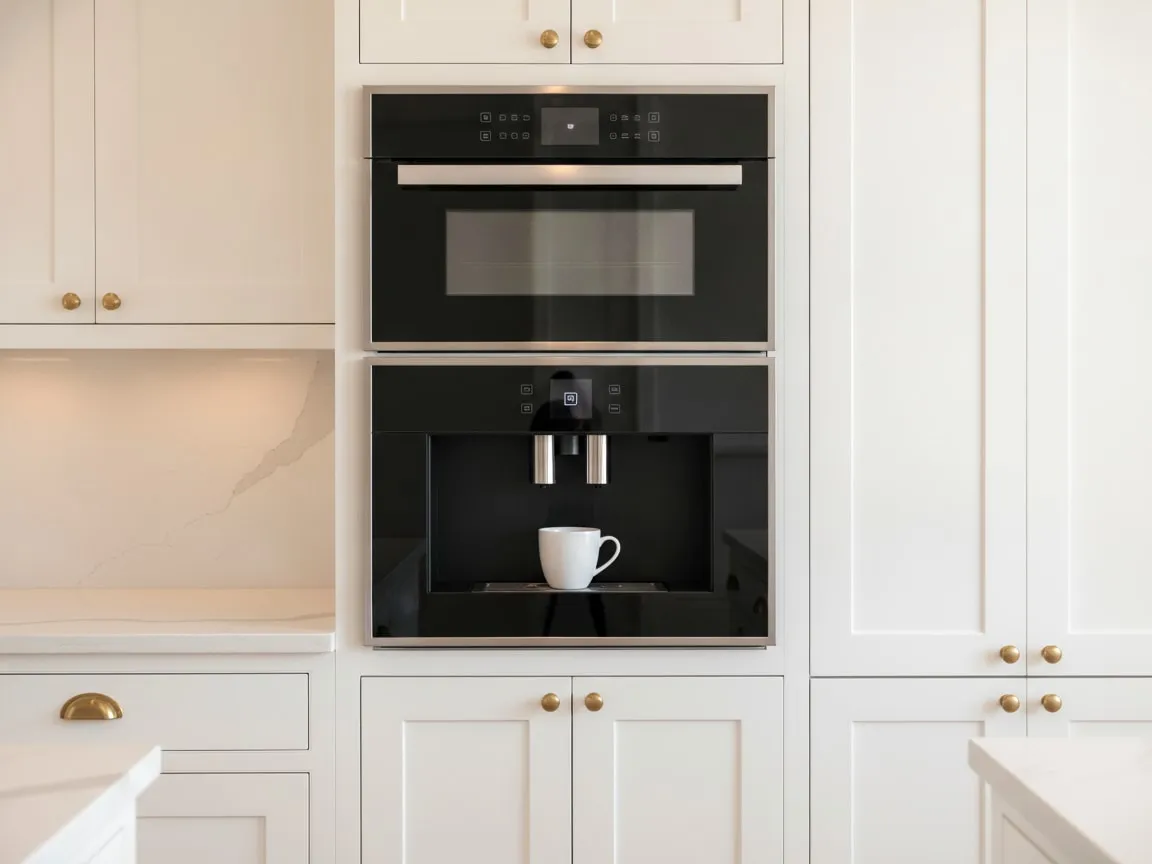 Fisher & Paykel built-in coffee machine installed flush in a tall kitchen cabinet column, a cup under the spout