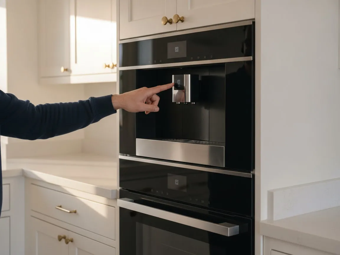Hands at the front of a Fisher & Paykel built-in coffee machine: one finger pressing the small touch display above the recessed spout niche on the black glass front