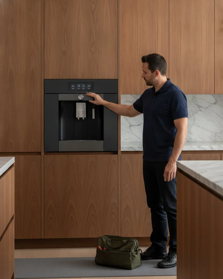 Technician beside a Gaggenau built-in coffee machine installed in a kitchen cabinet column, floor runner and tool bag on the floor