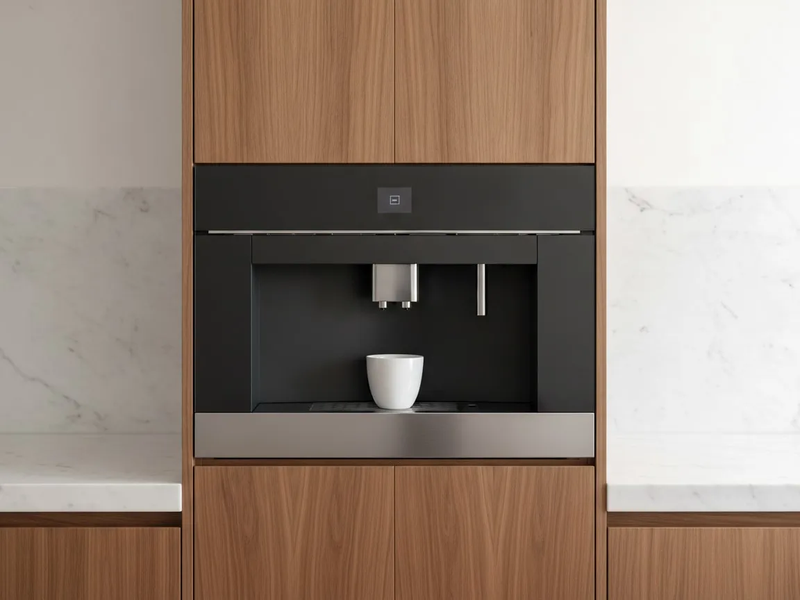 Gaggenau built-in coffee machine installed flush in a tall kitchen cabinet column, a cup under the spout