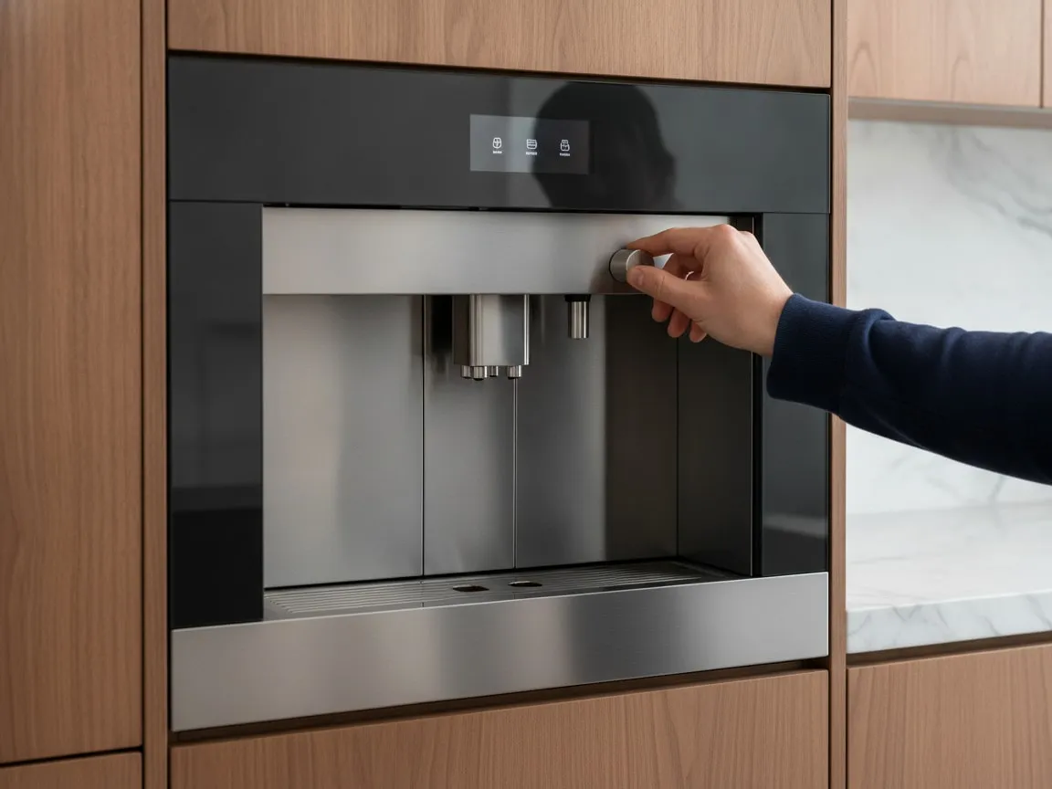 Hands at the front of a Gaggenau built-in coffee machine: one hand turning the slim rotary knob beside the small display at the top of the glass front