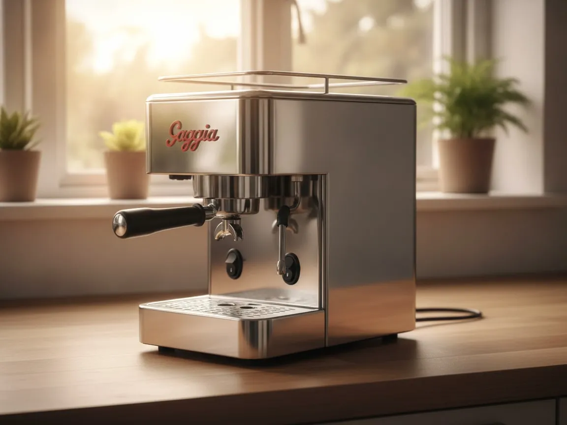 Gaggia Classic Pro alone on a kitchen counter, three-quarter view from the left, backlit by a window