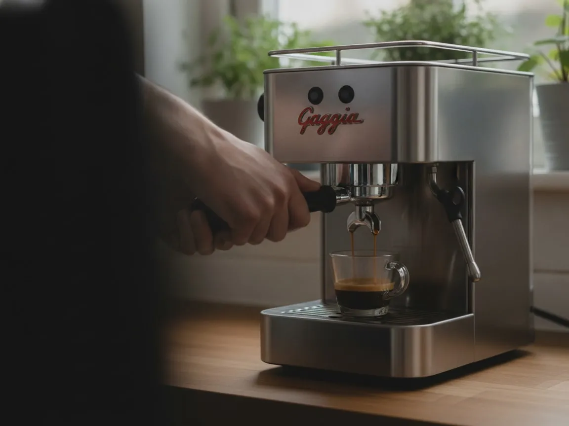 Hands locking a portafilter into the group of a Gaggia Classic Pro, espresso running into a cup