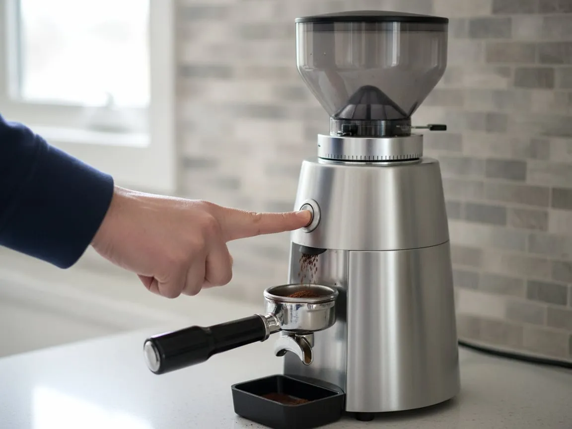 A finger holding the start button of an espresso grinder while ground coffee falls into a portafilter on the fork