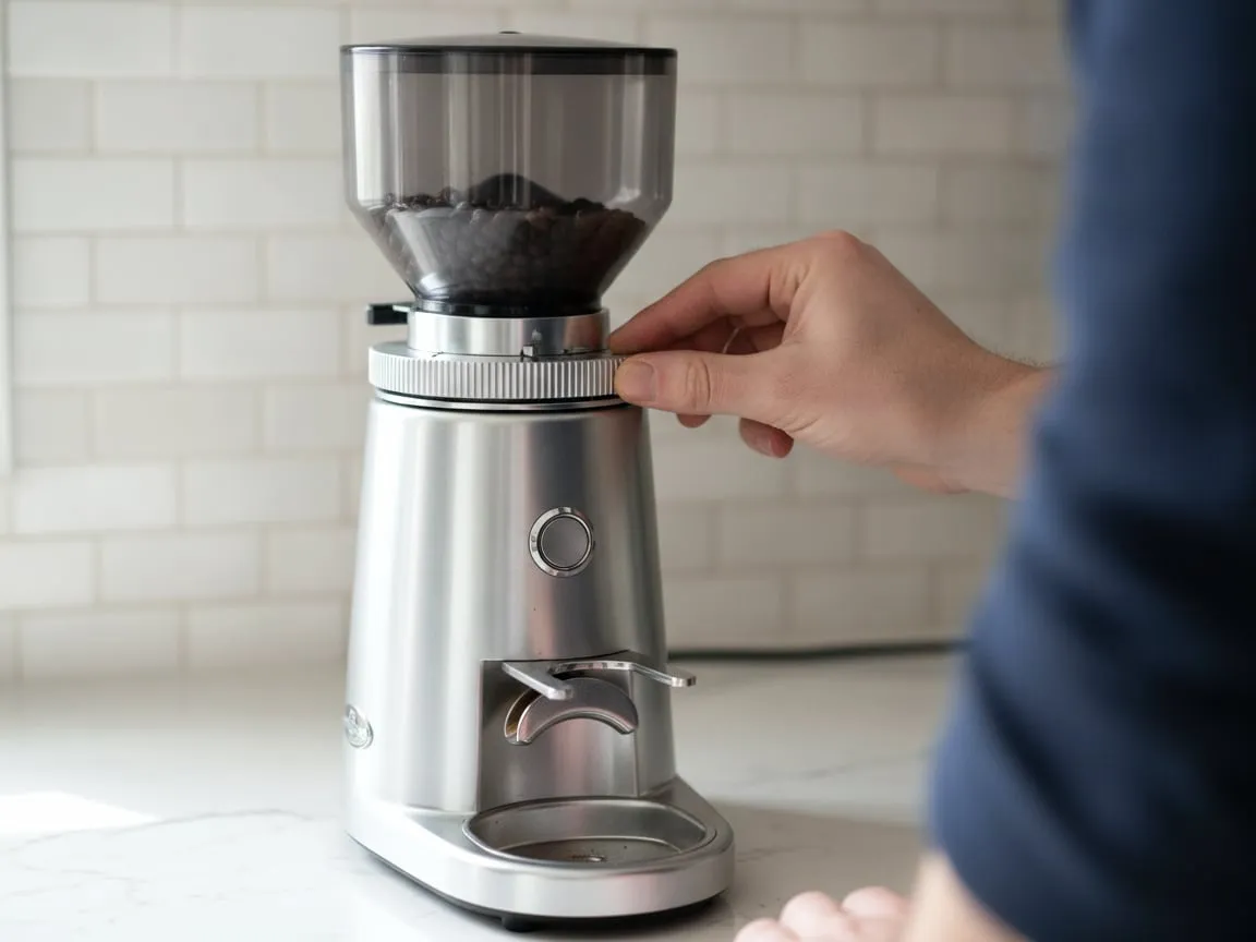 A hand turning the grind adjustment collar of an espresso grinder toward coarse