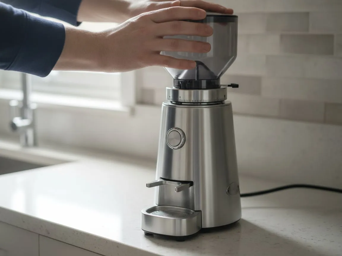 Two hands turning the bean hopper of an espresso grinder to lock it onto the body