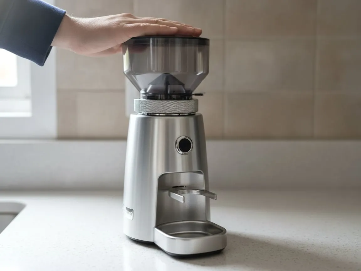 A hand pressing down on the top of an espresso grinder standing on a flat counter