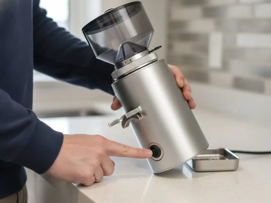 A grinder tilted back on the counter and a finger pressing a small round reset button on its underside