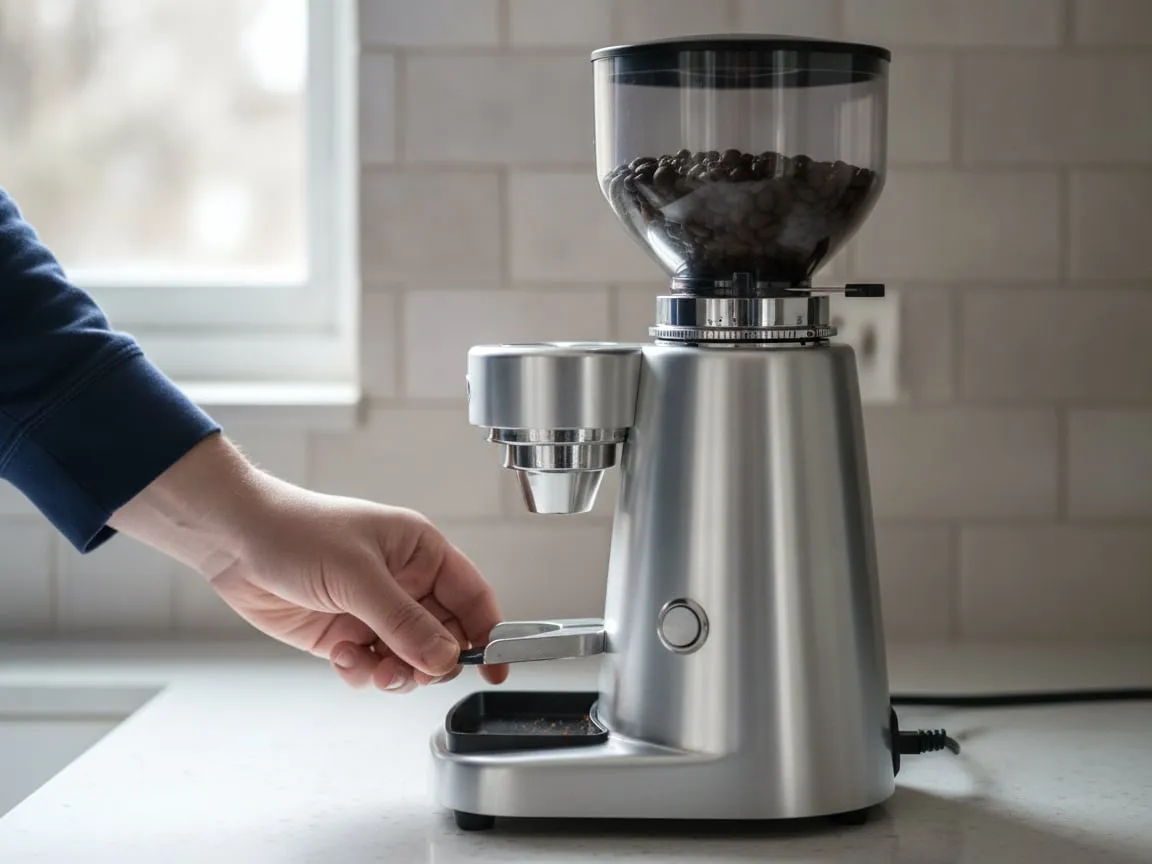 A hand reaching behind an espresso grinder to a rocker switch on the back of its base