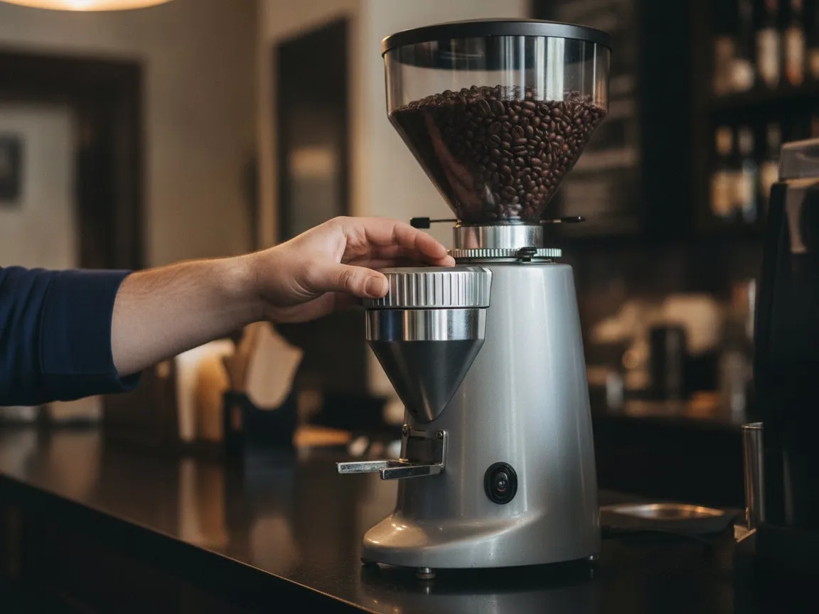A hand turning the stepless grind-adjustment collar of a commercial espresso grinder