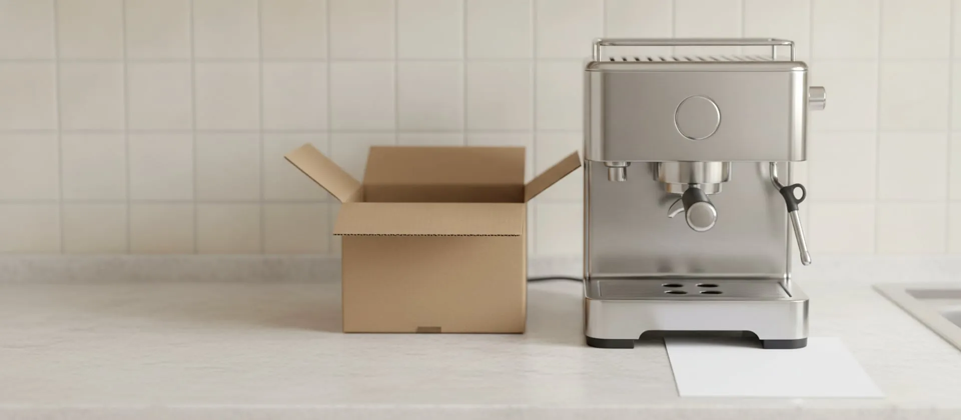 A generic stainless single-boiler home espresso machine closed on a kitchen counter beside an opened shipping carton and a blank sheet of paper