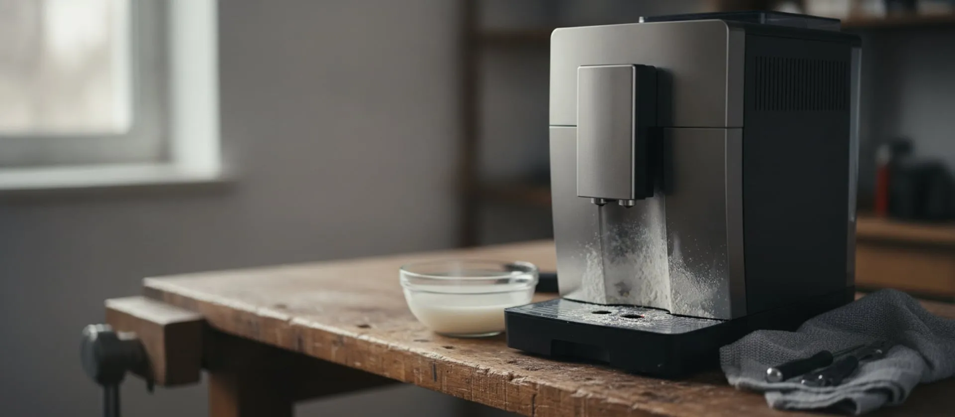 A closed super-automatic coffee machine on a workbench beside a bowl of cloudy descaling solution and a drip tray crusted with white scale