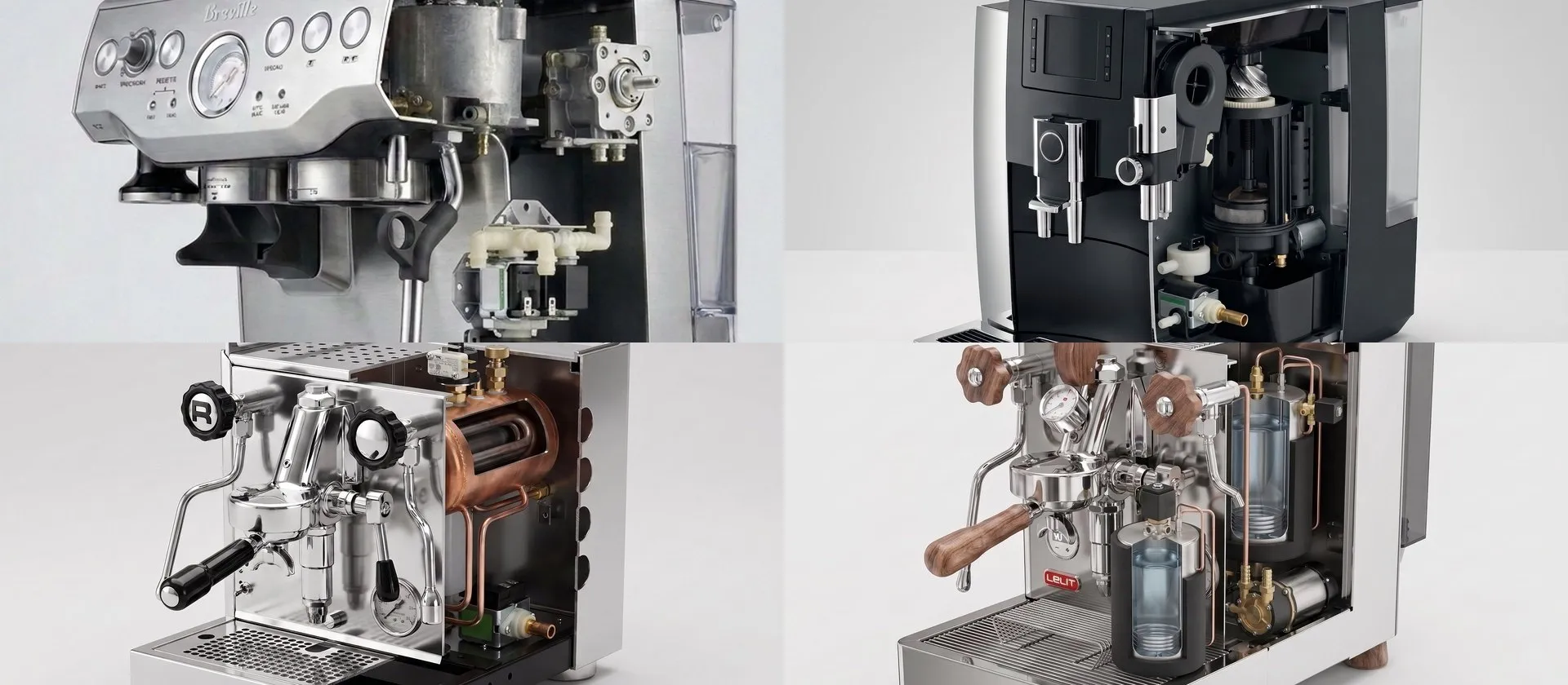 Four espresso machines side by side with their casings cut away, a Breville Barista Express, a Jura E8, a Rocket Appartamento and a Lelit Bianca, showing the heater, the pump, the group and the valves of each design