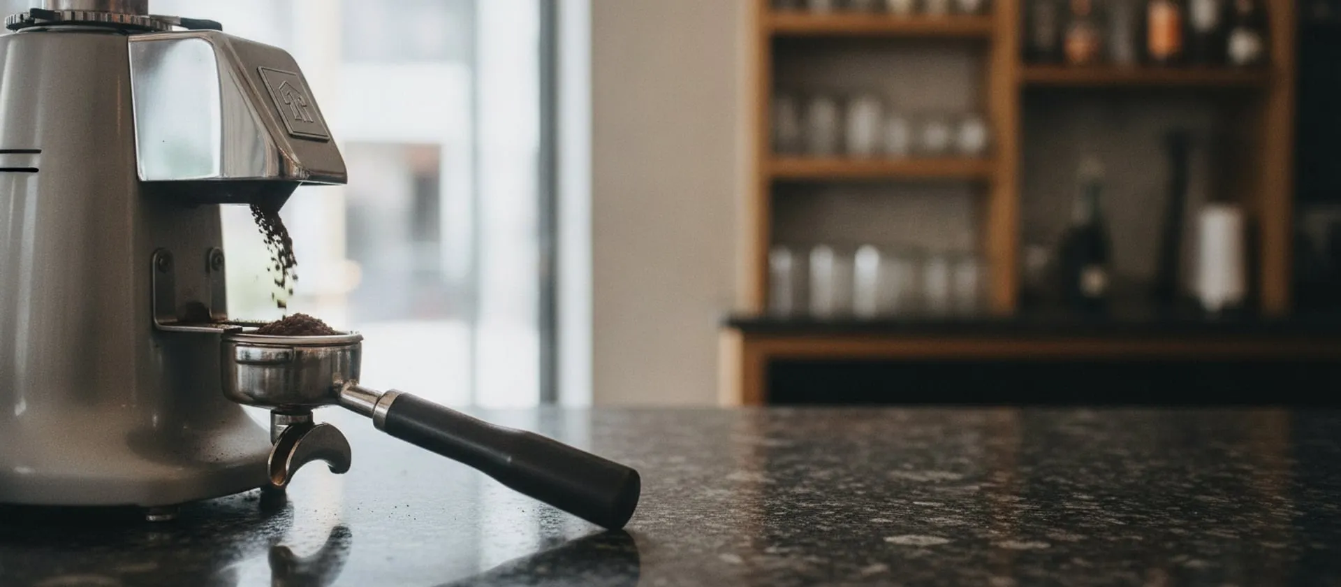 Ground coffee falling from the chute of a commercial espresso grinder into a portafilter resting in the fork, on a dark cafe counter